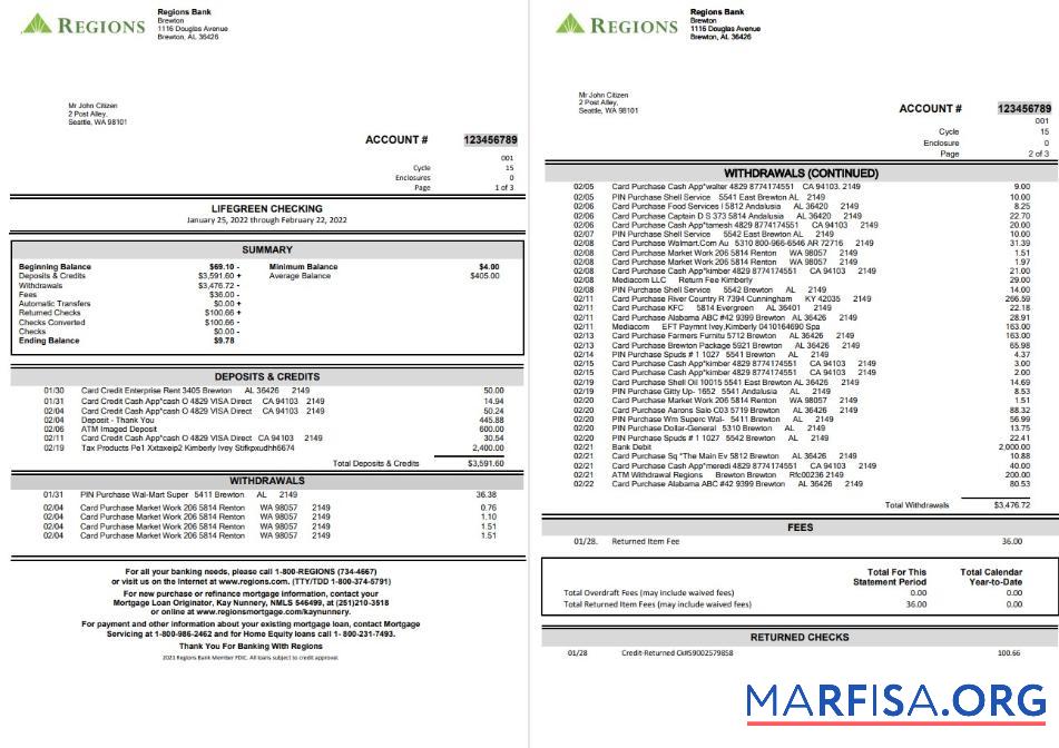 Printable USA Regions bank statement word 4 pages example